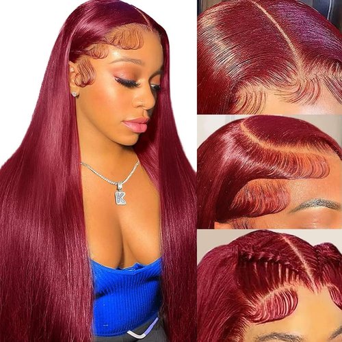 YFFSSJFC 30 Inch 99j Burgundy Lace Front Wigs Human Hair 200% Density 13x6 Hd Lace Front Wigs Human Hair Straight Burgundy Wigs Pre Plucked Pre Cut For Black Woman