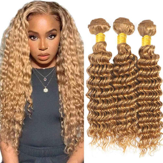 Honey Blonde Bundles Color #27 Deep Wave Human Hiar Bundles 26 28 30 Inch Unprocessed Brazilian Virgin Hair Blonde Human Hair Bundles Honey Blonde Deep Wave Bundles