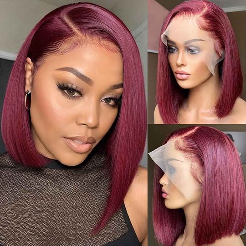 Keytac 99j Burgundy Bob Wig Human Hair 13x4 Lace Front Wigs 12 Inch Short Straight Wine Red Bob Wig Pre Plucked 180% Density Natural Hairline Wigs for Black Women