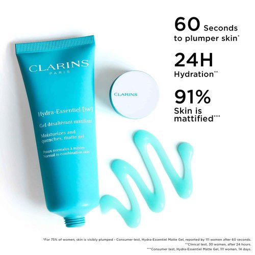 Clarins Hydra-Essentiel Matte Gel|Intensely Hydrating & Mattifying|60 Seconds to Plumper Skin*|Softens & Refreshes|Double Dose of Hyaluronic Acid|Normal-Combination Skin|2.6 Ounces