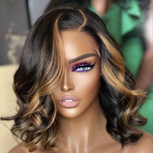 QTIKER Glueless Short Body Wave Lace Front Wigs Human Hair with Blonde Highlight Pre Plucked 13X4 HD Transaprent Lace Wigs Side Part Medium Part Frontal Bob Wig For Women (14inch, Blonde Highlight)