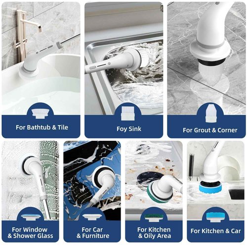 Electric Spin Scrubber - 2024 New Cordless Cleaning Brush with 8 Replaceable Brush Heads, Tub Floor Tile Dual Speed Power Shower Scrubber with Adjustable and Detachable Handle for Bathroom Kitchen Car