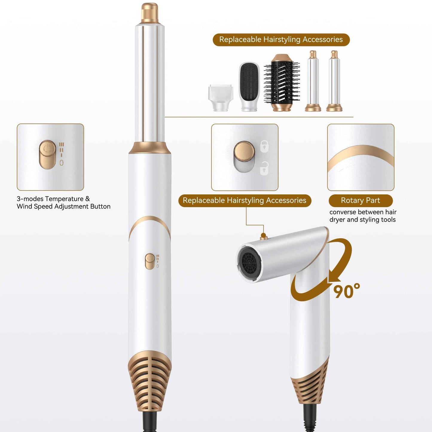 5 in 1 Blow Dryer Brush,Hair Dryer Brush with Detachable Air Styler,Negative Ionic Magic Hair Styler,Hot Air Brush for Women Volumizer,Straightener,Drying