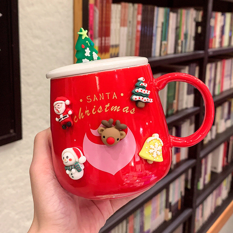 Ceramic Coffee Mug with Lid and Spoon - Nordic Style, 450ml, Christmas Variants