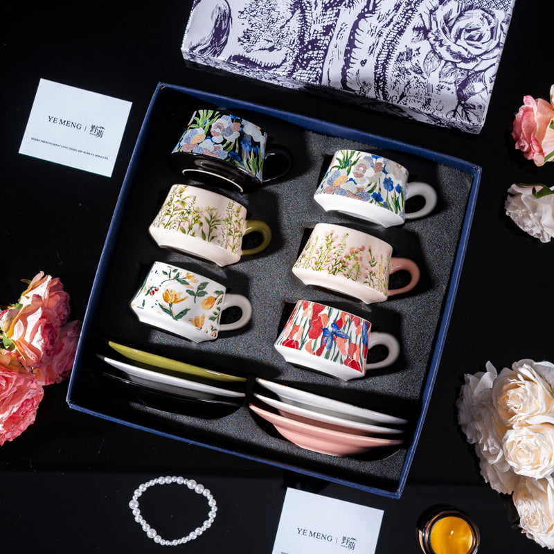 Elegant Iris Flower Ceramic Coffee Cup Set with Gift Box - Multiple Styles & Sizes