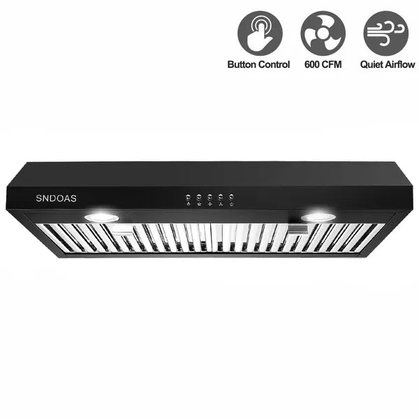 30 Inch Under Cabinet Range Hood with 3-Speed 600CFM Vent and LED Lighting - Silver/Black