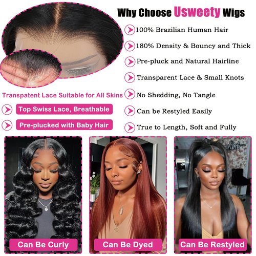 Usweety 26inch Lace Front Wigs Human Hair 13x4 HD Lace Front Wigs Human Hair Pre plucked 180% Density Frontal glueless wigs human hair for women (1B# 180% Density, Straight 26inch)