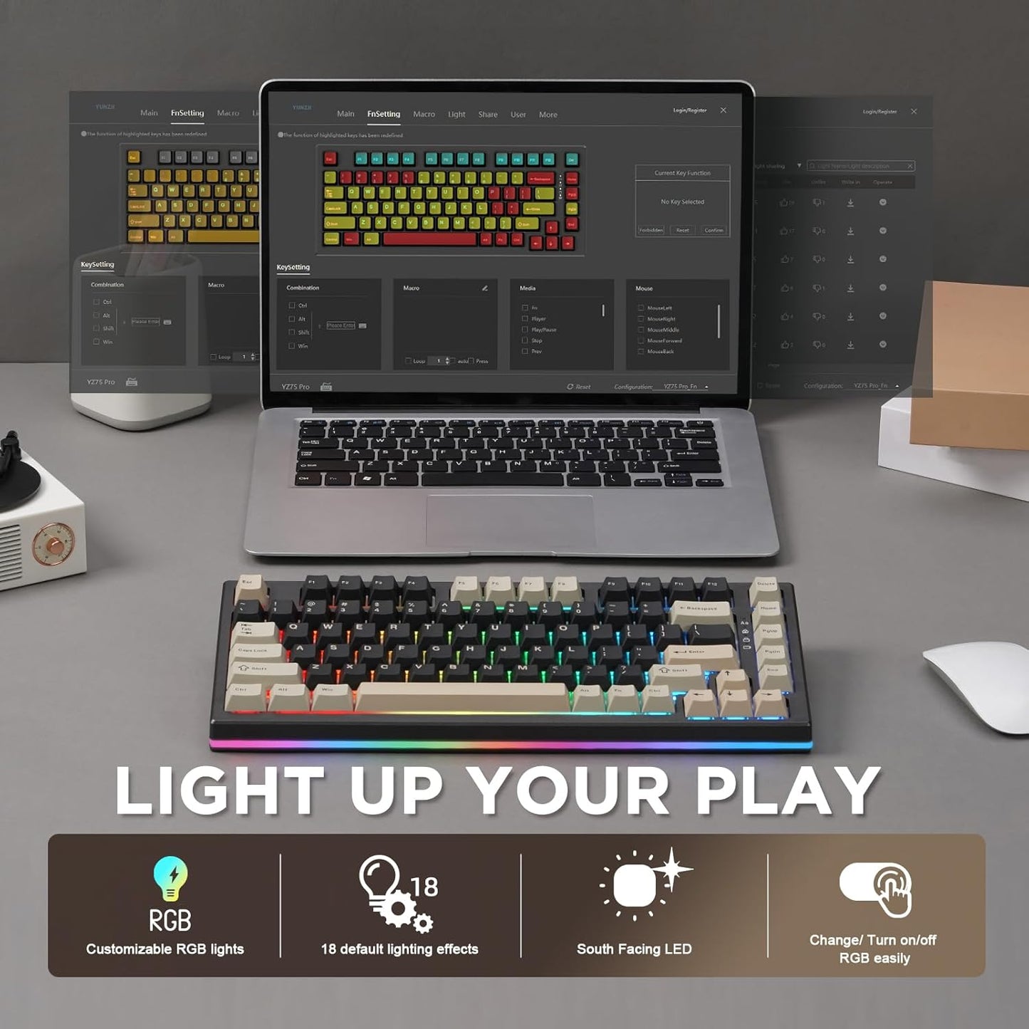 YUNZII YZ75 75% Hot Swappable Wireless Gaming Mechanical Keyboard, RGB Backlights, BT5.0/2.4G/USB-C, Dye Sub PBT Keycaps for Linux/Win/Mac(Gateron G Pro Black, White)