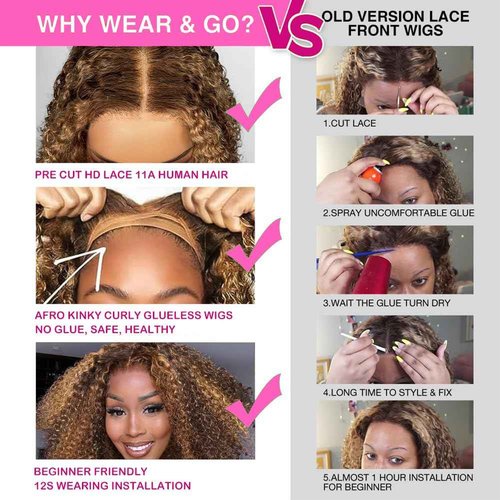 Lealife 14 inch Kinkycurly Wear and Go Glueless Wig Ombre Highlight 4/27 Wigs Pre Cut Transparent Lace Wig human hair Pre Plucked,Natural Hairline for Women 200% Density