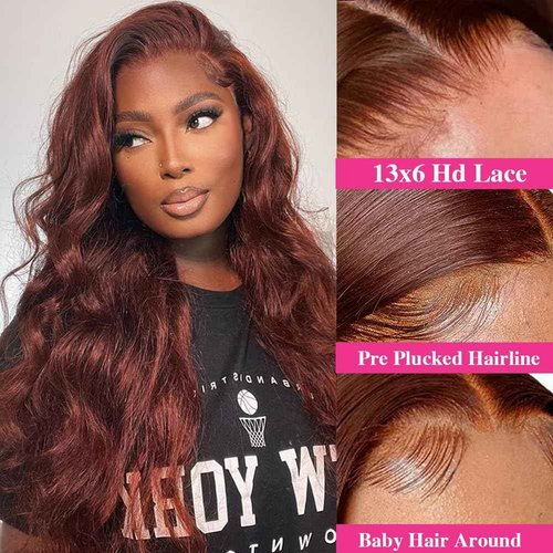 Homgoss 13x6 Body Wave Lace Front Wigs 250% Density #33 Reddish Brown Human Hair Wigs Glueless HD Lace Frontal Wigs Natural Hairline Bleached Knots Max Parting Human Hair wigs For Women 24 Inch