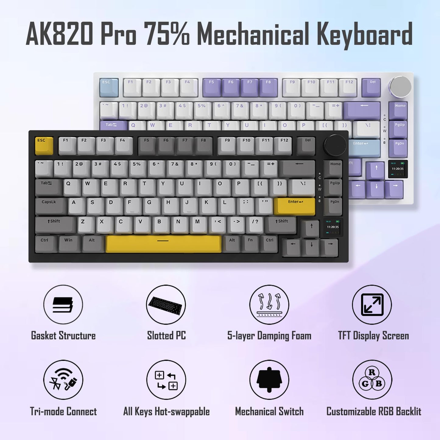 AJAZZ AK820 Pro 75% Gasket RGB Wireless Mechanical Keyboard with TFT Screen, Volume knob, Bluetooth/2.4G/Wired 3-Modes, Compact 82 Hot-Swap Keys, Tricolor PBT Keycap, 4000 mAh (Gray&Yellow 3-Modes)