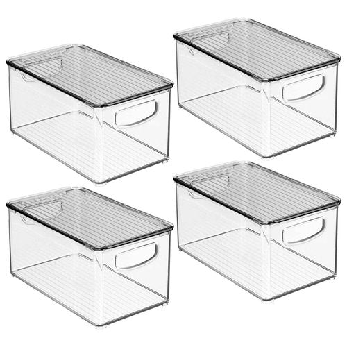 mDesign Deep Plastic Bathroom Storage Bin Box, Lid/Built-in Handles, Organization for Makeup, Hair Styling Tools, Toiletry Accessories in Cabinet, Shelves, Ligne Collection, 4 Pack, Clear/Smoke Gray