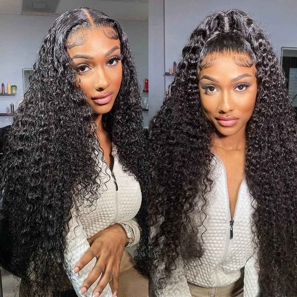 Giginger T Part Lace Frontal Closure Wig 26 Inch Deep Wave Wigs Human Hair 200% Density Real Full Large Lace Space 4X1 Natural Black Deep Wave Wigs Human Hair Pre Plucked For Black Women