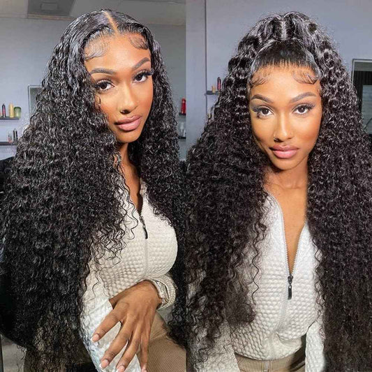 Giginger T Part Lace Frontal Closure Wig 26 Inch Deep Wave Wigs Human Hair 200% Density Real Full Large Lace Space 4X1 Natural Black Deep Wave Wigs Human Hair Pre Plucked For Black Women