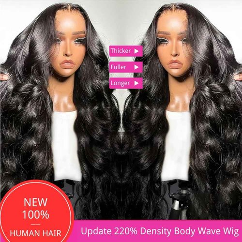 CHUDI 13x6 HD Transparent Lace Front Wigs Human Hair Pre Plucked 220 Density Brazilian Body Wave Frontal Wigs Human Hair with Baby Hair Natural Hairline Natural Black 22 Inch