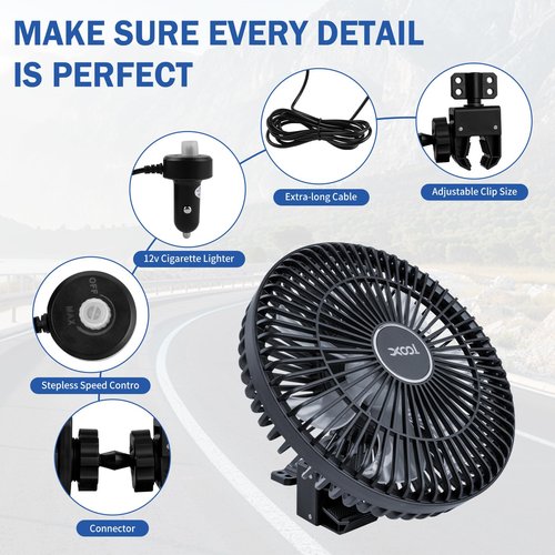XOOL Clip Car Fan, 9 Inches 12V/24V Fan for Front/Rear Seat Passenger, 360 Degree Rotatable Electric Cooling with Stepless Speed Regulation SUV, RV, Truck