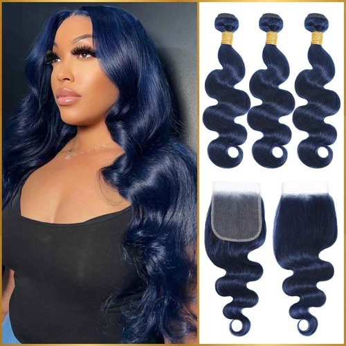 Dark Blue Body Wave Bundles with 4x4 HD Lace Closure, 100% Brazilian Virgin Human Hair, 12A Grade, Soft & Thick, Pre-Plucked Transparent Lace, Sew-In or Quick Weave, 10 12 14 Inch + 10 Inch Closure