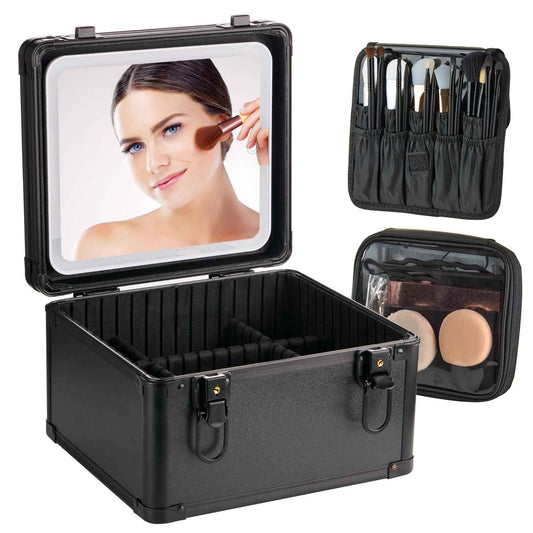 Makeup Case with Lighted Mirror, Travel Makeup Bag Organizer with 3CCT LED Mirror, Cosmetic Bag for Women with Adjustable Divider, Makeup Storage Box with Lock, Waterproof Travel Train Case