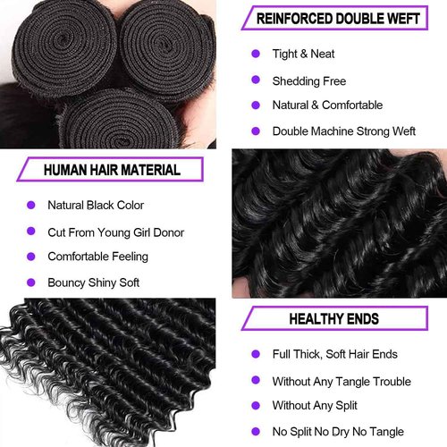 12A Human Hair Bundles 18 20 22 Inch Deep Wave Bundles Human Hair 100% Unprocessed Brazilian Virgin Deep Curly Weave 3 Bundles Hair Extensions for Women Natural Color