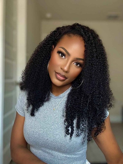Wiggins Curly Half Wig Human Hair Glueless Wigs Upgrade 3 IN 1 Half Wig With Drawstring Seamless Clip Ins Flip Over Kinky Curly Human Hair No Glue No Lace For Women 16 Inch