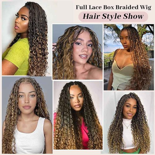 Suntefic Boho Box Braided Wigs for Black Women Glueless Double Full Lace Human Hair Blended Lightweight Hand Braid Wig with Baby Hair (4-#27, 28 In)