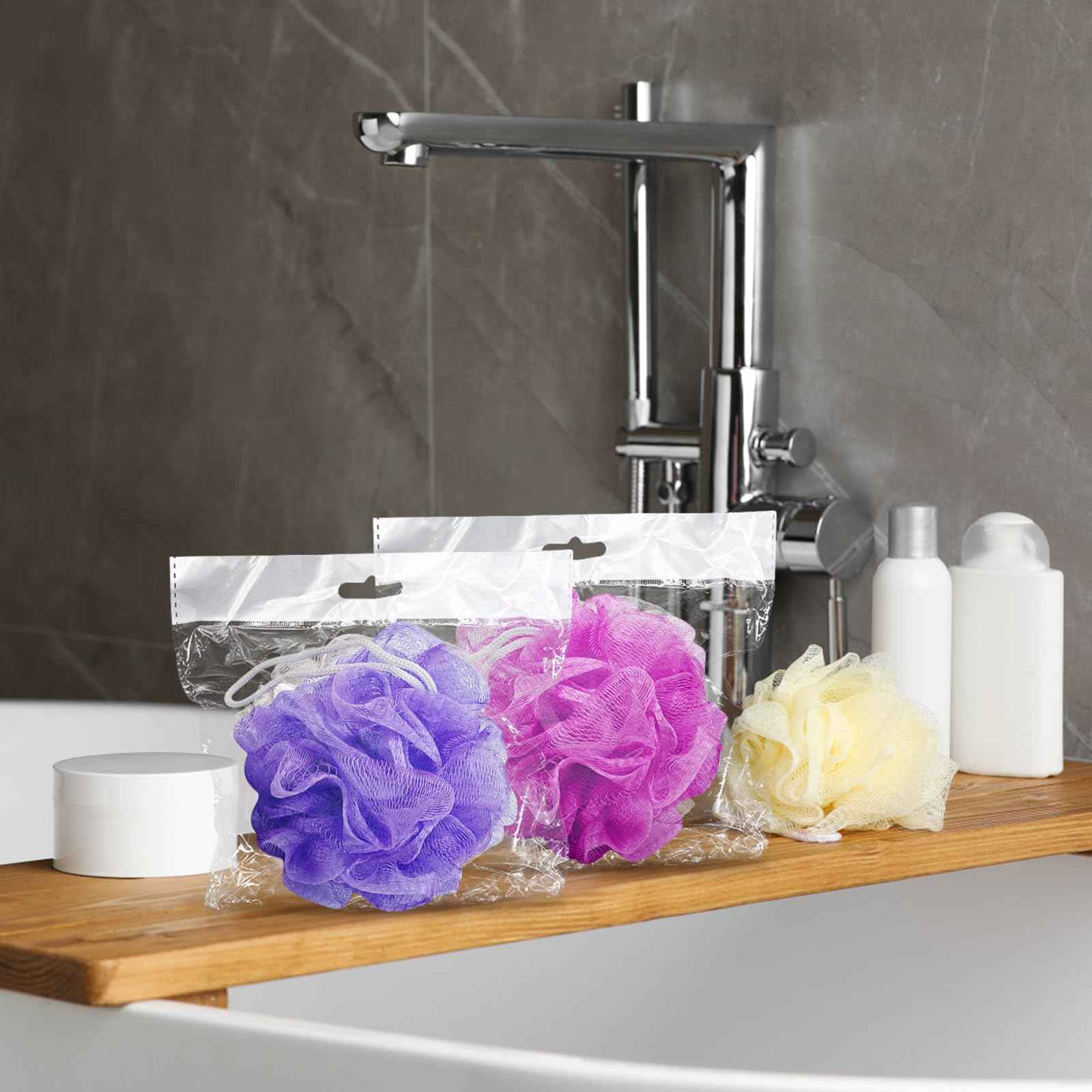 (50 Pack) Kheoxusa Loofah Individually Wrapped,Individually Wrapped Loofah,Travel Size Shower Bath Scrunchies,Sponges Pouf Mesh for Body Bath Shower Travel Guest Bulk Mini Small Pack (Color Random)