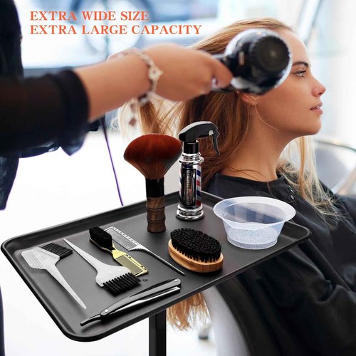 ZEYUEHUI Modern Salon Chair Tray, 360 Rotatable Metal, Black, Depth: 17.7 inches, Width: 28.3 inches, Height: 23.6 inches, Adjustable Height, Foldable Arm Rest, Hair Styling, Beauty Services