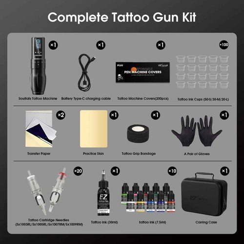 Tattoo Kit - EZTAT2 Tattoo Gun Kit with 7 Strokes 2.0-4.0mm Wireless Tattoo Machine, 1600mAh Battery Power Supply, 20Pcs Tattoo Cartridge Needles and 11 Color Inks for Tattoo Artists