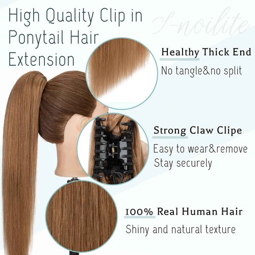 S-noilite Claw Clip Ponytail Extension Human Hair #6 Light Brown Real Remy Human Hair Ponytail Extension 14inch Long Straight Hair Pony Tails Hair Extensions For Women 105Grams