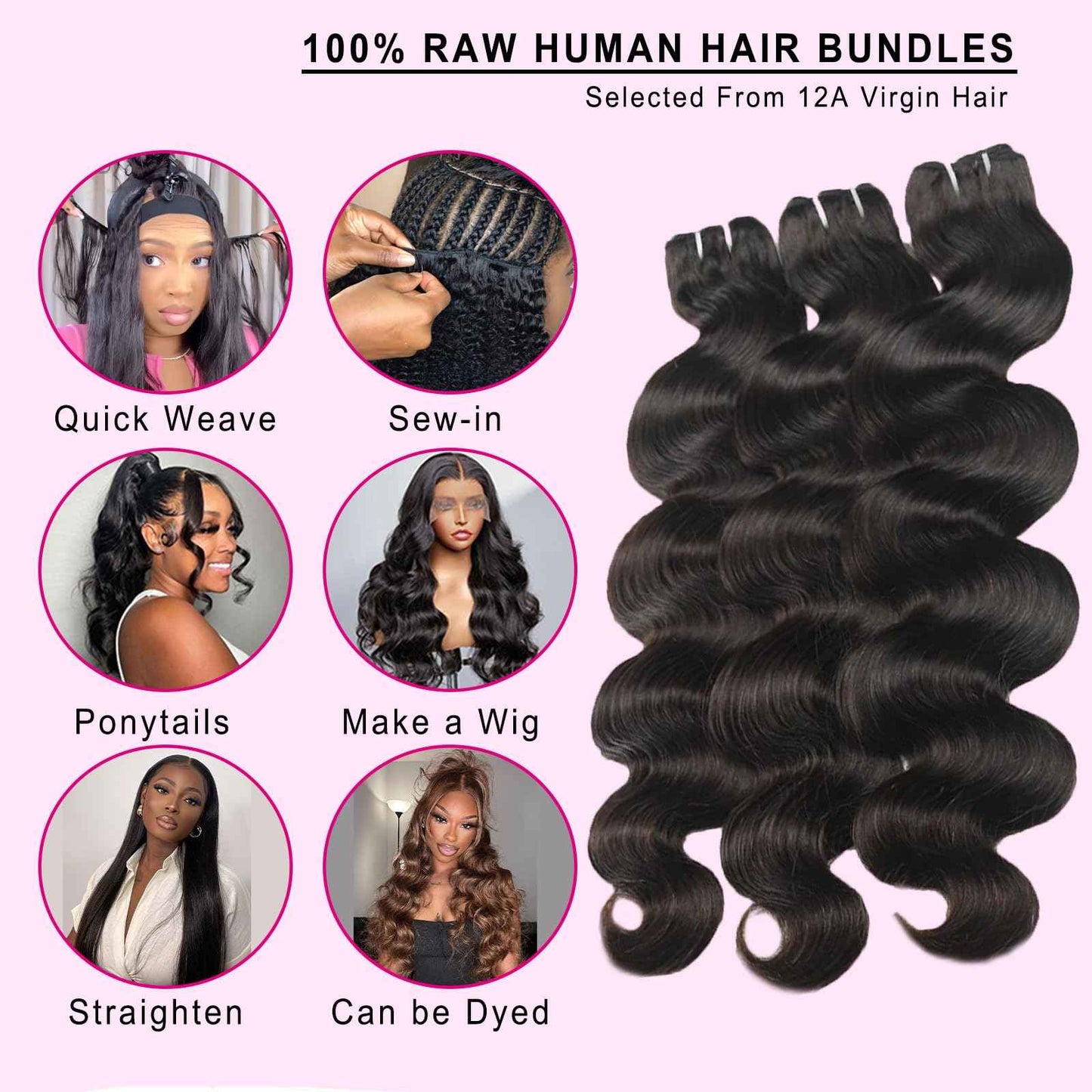12A Human Hair Bundles 16 18 20 Inch Body Wave Bundles Human Hair 100% Unprocessed Brazilian Virgin Hair Real Human Hair Extensions Natural Black