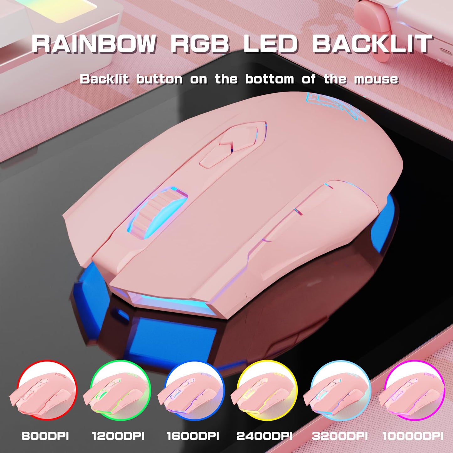 AJ52PRO Wired Wireless Bluetooth Gaming Mouse with RGB LED Backlight Adjustable 10000DPI Ergonomic 7 Programmable Button Rechargeable 800mAh Battery 2.4Ghz USB Receiver for PC Mac PS4 Xbox Gamer(Pink)