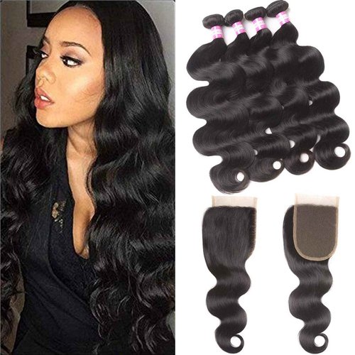 Odir Body Wave Human Hair Bundles with 4X4 Lace Closure 20 22 24 26+18 Inch Unprocessed 10A Brazilian Body Wave Hair 4 Bundles with Clsoure Natural Color