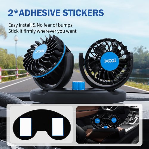 XOOL 12V Fan Car Fan, Adjustable Dual Head 3.5 Inches for Front Seat Passenger, 360° Rotatable Electric Car Cooling Fans with 2 Speed Regulation for SUV, RV, Vehicles