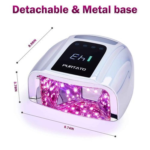 PURTATO Professional Rechargeable 96W UV LED Portable Cordless UV Light for Nail Lamp Machine with Removable Stainless Steel Bottom,4 Timer Setting and Smart Sensor Nail Dryer (Plating Silver)