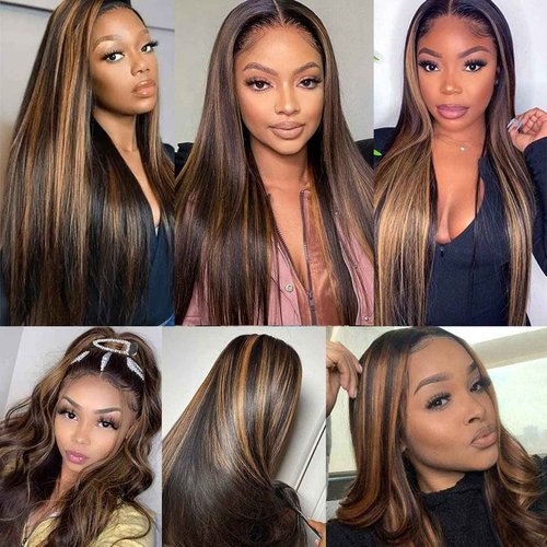 Haha Brown Highlight Bundles with 4x4 Closure Brazilian Human Hair Ombre Bundles with Closure Straight 10A Remy Virgin Hair Weave Colored Fb30 Balayage 14 16 18 +12 Free Part