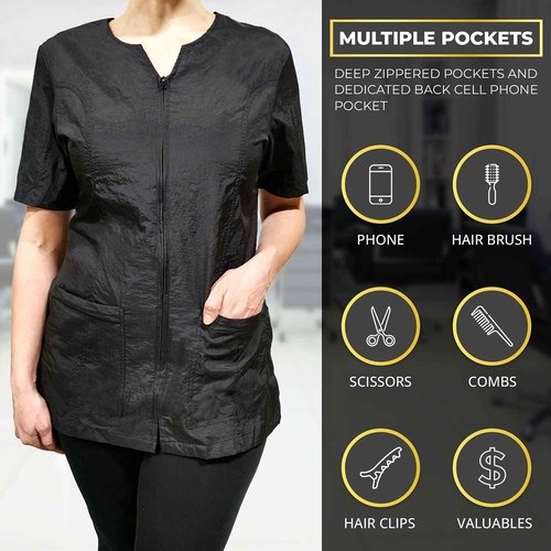CHARLENE Haley Short Sleeves Jacket | High Fashion Hair Stylist Nylon Uniform | Water-Repellant Breathable Nylon | Machine Wash | Zipper Closure (BLACK, M)