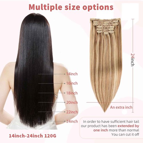 DIYOMO human hair clip in extensions Soft&Natural 120g 7pcs hair extensions real human hair clip insHair Straight&Invisible (18 Inch, 18/613)