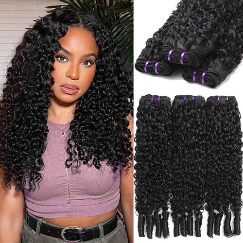 Seekomi Water Curly Bundles Human Hair with Spiral Ends 14 16 18 Inch 100% Virgin Burmese Curly 3 Bundles Human Hair Double Weft Quick Weave for Women, Natural Black Color, 300g