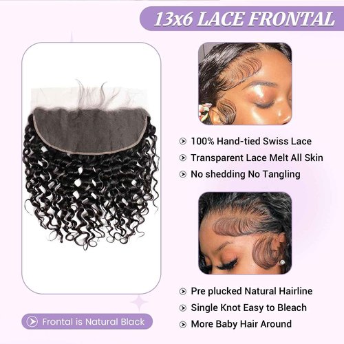 DSEKCAIN Water Wave HD Frontal 13x6 Lace Frontal Transparent Human Hair Closure 100% Raw Virgin Human Hair Free Part Long Big Space Size Natural Black Color 20 Inch
