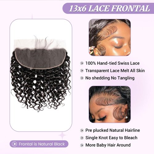 DSEKCAIN Water Wave HD Frontal 13x6 Lace Frontal HD Lace Water Wave Human Hair Transparent Closure 100% Raw Virgin Human Hair Free Part Natural Black Color 16 Inch