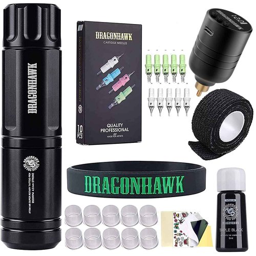 Dragonhawk Tattoo Kit Wireless Beginner Tattoo Gun Machine Kit Complete Tattoo Cartridges Needles Kit Power Supply