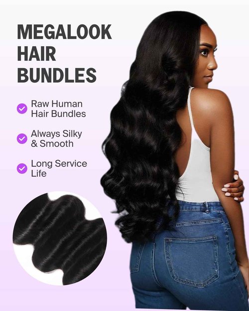 Megalook Hair Body Wave Bundles Human Hair 16-20 Inch 3 Bundles 100% Brazilian Human Hair Bundles Double Weft Hair Extensions Quick Weave Natural Black Color