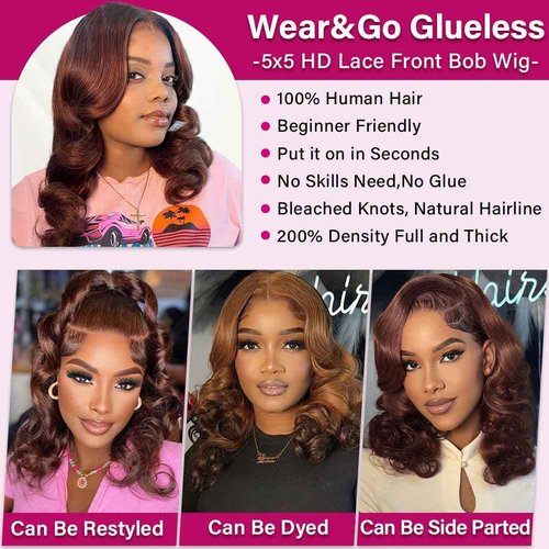 Ailwelia Chocolate Brown 5x5 Body Wave Bob Wig Human Hair Wear And Go Glueless Bob Wig Human Hair For Black Women 5x5 Hd Lace Closure Wigs 200 Density Bob Wig With Baby Hair 18 Inch