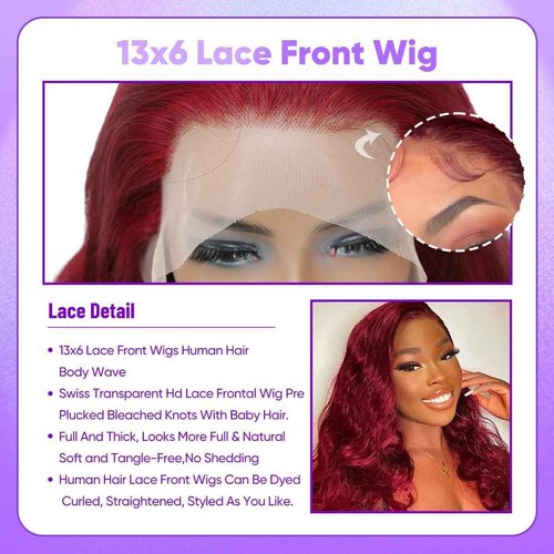 Burgundy Lace Front Wigs Human Hair 99j 13X6 hd Body Wave Lace Front Wigs Human Hair 180% Density Colored Red Frontal Wig for Black Women 24 Inch