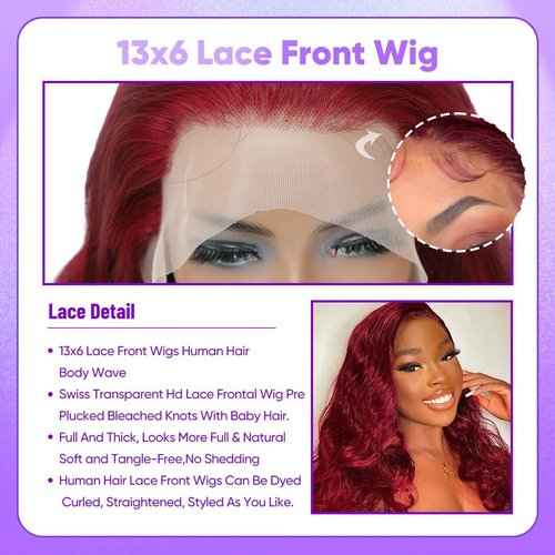 Burgundy Lace Front Wigs Human Hair,13x6 HD Body Wave 99j Burgundy Lace frontal wigs human hair Pre Plucked with Baby Hair, 180% Density Colored Glueless wine red wig human hair for women 22inch