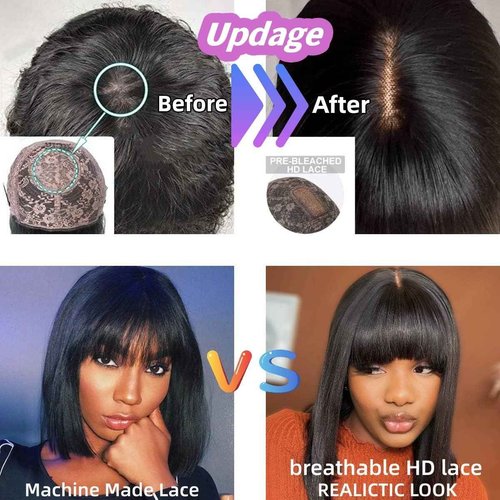 newnavat 12 Inch Glueless Wear and Go Wig Bob Wig With Bangs Human Hair HD Lace Glueless Wigs Natural Black Bob Wigs With Bangs Brazilian Virgin Human Hair 180 Density