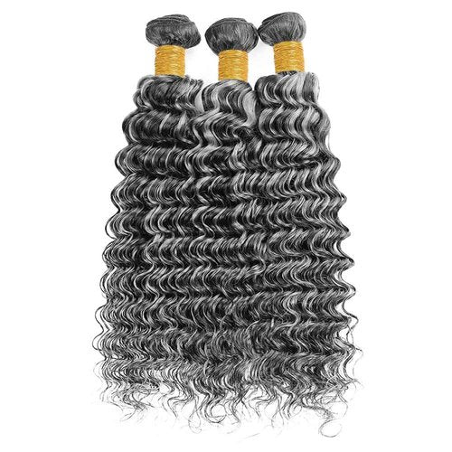 P1Bgrey Bundles Highlight Deep Wave Human Hair Bundle Grey Hair Weave Two Tone Black And Foxy Silver 3 Bundles 12 14 16 Inch #1Bgray Ombre Deep Curly Bundle