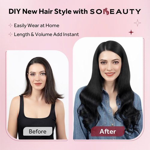 SoBeauty Clip in Hair Extensions Real Human Hair, Jet Black 100% Human Hair Extensions Clip in, Tangle-free Silky Straight Hair Extensions for Women, #1 18Inch 120G 7PCS