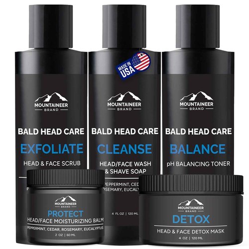 Mountaineer Brand Ultimate Bald Head Care Gifts Bundle For Men | All Natural 5 Step Skin Care for Healthy Scalp & Face | Exfoliate Scrub | Cleanse Wash | Shine Away | Moisturizing Balm | Detox