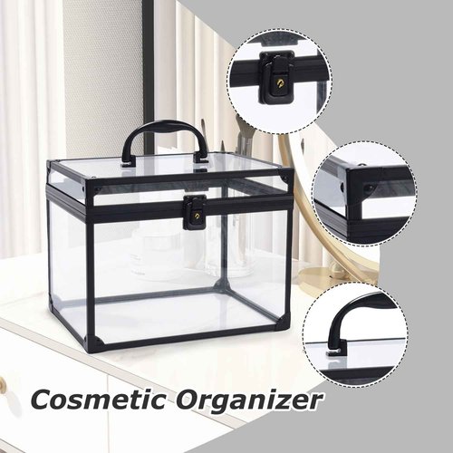 Crown Box, Clear Cosmetic Case, Acrylic Artists Display Case, Toiletry Train Case with Latches & Handle Large Capacity Acrylic Travel Makeup Tools Box for Vanity Dresser Bathroom Counter (Black)